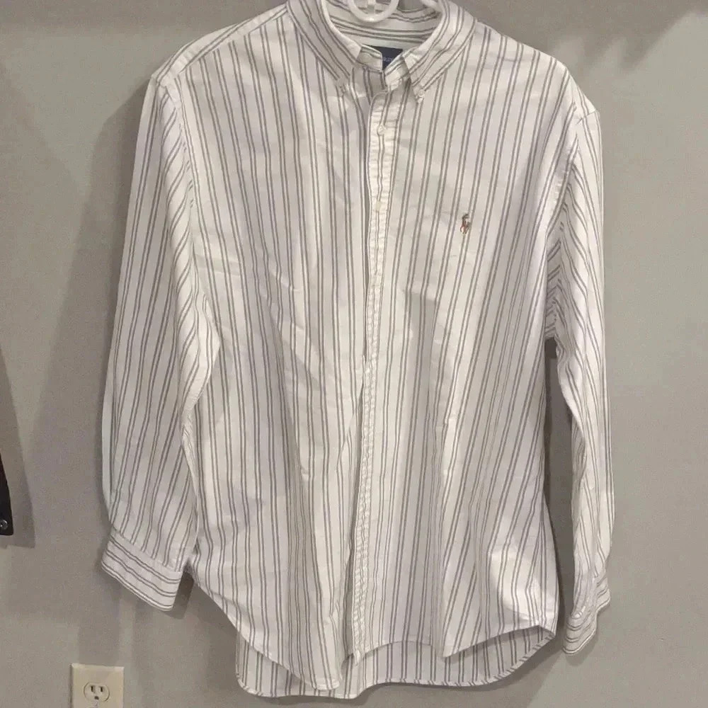Ralph Lauren mens 17 34/35 classic fit long sleeve white w/gray stripe button
